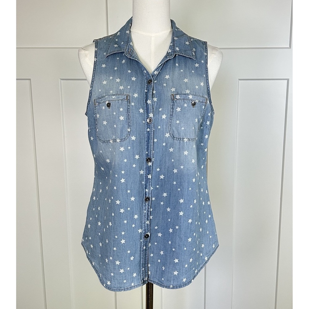 Sonoma Sleeveless Chambray Star Button-up Shirt -Women's MEDIUM- Cotton Y2K VTG